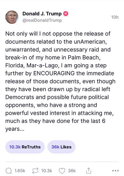 In a message posted on the Truth Social media platform, the former US president said he would not oppose a search warrant carried out by FBI agents at his Mar-a-Lago estate in Florida. Screengrab / Truth Social