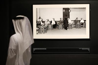 Dubai, United Arab Emirates - Reporter: Alexandra Chaves. Arts and Life. Photographs in Dialogue at the Etihad Museum documents the diplomatic relationship between the UK and the UAE, from the 1960s and 70s to the foundation of the country in 1971. Pictures of Sheikh Zayed with Queen Elizabeth II. Monday, August 24th, 2020. Dubai. Chris Whiteoak / The National