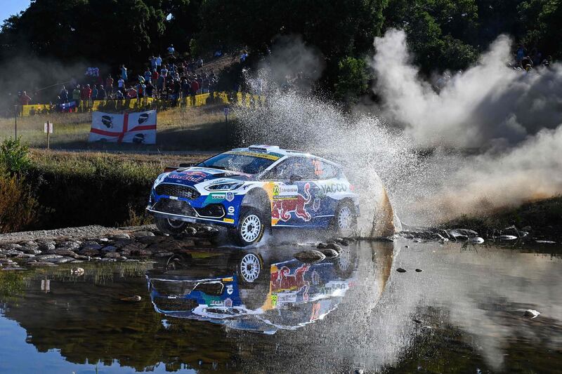 French driver Adrien Fourmaux in his Ford Fiesta Mk II  during the Rally of Sardegna in Italy, on Friday, June 4. AFP