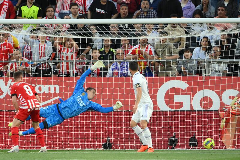 Real Madrid's Ukrainian goalkeeper Andriy Lunin concedes the opening goal to Girona's Taty Castellanos. AFP