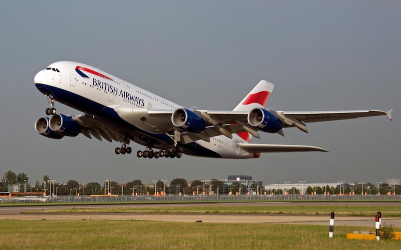 A British Airways Airbus A380 makes its maiden commercial flight, departing on the southern runway at Heathrow Airport heading west, destination Los Angeles. picture David Dyson / Courtesy British Airways *** Local Caption ***  A380 - inaugural flight to LAX.jpg