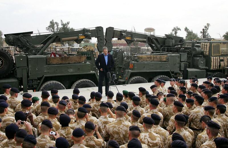 British prime minister Tony Blair addressing troops at Shaiba Logistics Base in Basra, Iraq. Adrian Dennis / AFP

