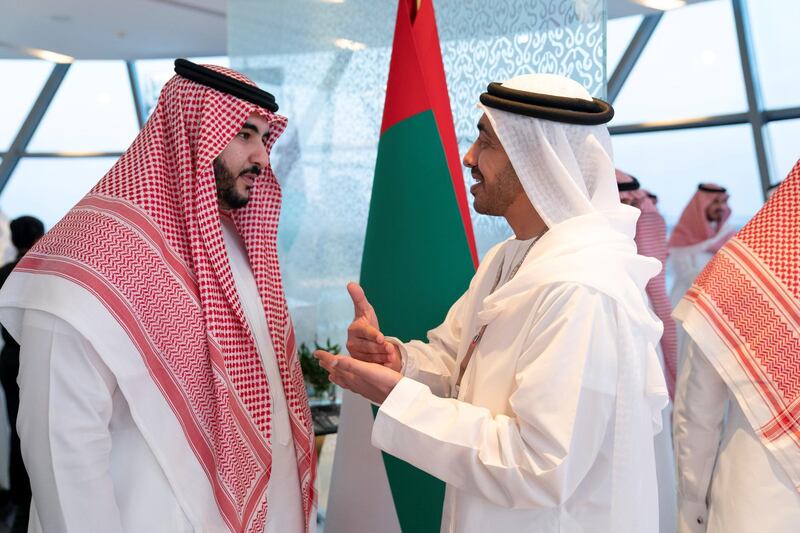 YAS ISLAND, ABU DHABI, UNITED ARAB EMIRATES - December 01, 2019: HH Sheikh Abdullah bin Zayed Al Nahyan, UAE Minister of Foreign Affairs and International Cooperation (R), attends the final day of the 2019 Formula 1 Etihad Airways Abu Dhabi Grand Prix, at Shams Tower.

( Ryan Carter for the Ministry of Presidential Affairs )
---