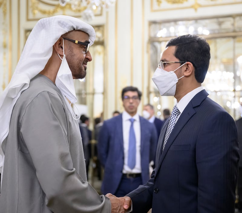 HH Sheikh Mohamed bin Zayed Al Nahyan, President of the United Arab Emirates (L) greets Dr Abdulla Alfzari. All photos: Presidential Court