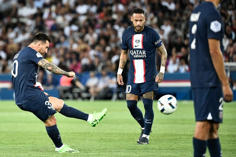 Lionel Messi kicks the ball during the match against Montpellier. AFP
