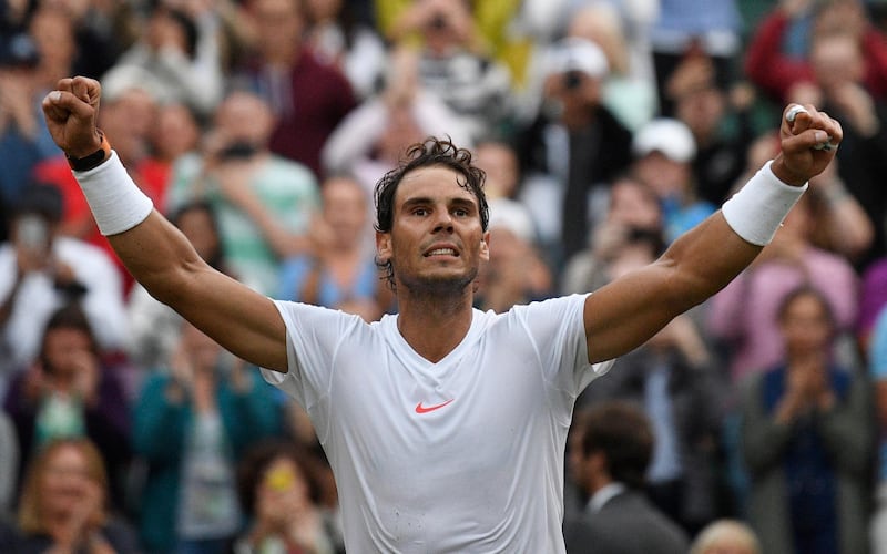 epa06881858 Rafael Nadal of Spain celebrates after beating Juan Martin Del Potro of Argentina in their quarter final match at the Wimbledon Championships at the All England Lawn Tennis Club, in London, Britain, 11 July 2018  EPA/NEIL HALL EDITORIAL USE ONLY/NO COMMERCIAL SALES