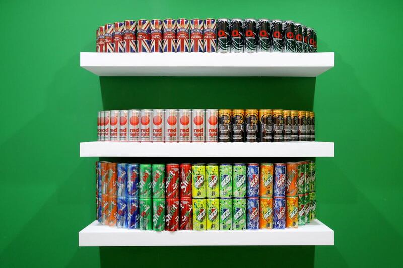 Canned energy and fruit-flavoured drinks on display at the Gulfood exhibition at Dubai World Trade Centre. Jaime Puebla / The National