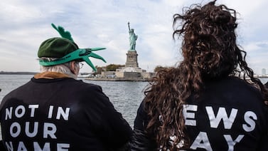 Activists from Jewish Voice for Peace occupied the pedestal of the Statue of Liberty to demand a ceasefire in Gaza in November 2023. Getty / AFP