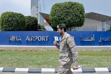 A picture taken during a guided tour with the Saudi military on June 13, 2019 shows the welcoming sign at Abha airport in the popular mountain resort of the same name in the southwest of Saudi Arabia, one day after a Yemeni rebel missile attack on the civil airport wounded 26 civilians. Saudi Arabia accused its arch-foe Tehran of ordering the missile strike on the airport on June 12, drawing promises of "stern action" from the Saudi-led coalition fighting the Yemeni Huthi rebels. / AFP / Fayez Nureldine
