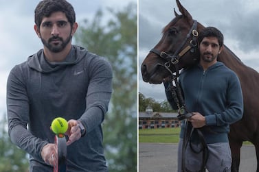 Since landing in England, Sheikh Hamdan, Crown Prince of Dubai, has been playing tennis and has posed with Godolphin thoroughbred Pinatuboin. Instagram / F3 