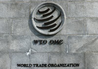A logo is pictured outside the World Trade Organisation in Geneva. Reuters