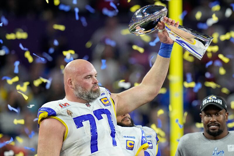 Los Angeles Rams offensive tackle Andrew Whitworth holds up the Lombardi Trophy. AP Photo 