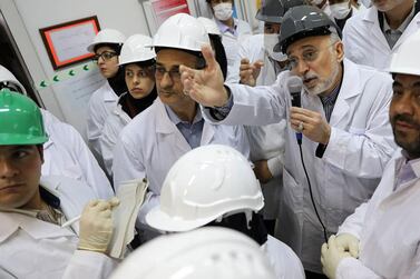 Ali Akbar Salehi speaks with the media at Natanz enrichment facility, in central Iran. AP