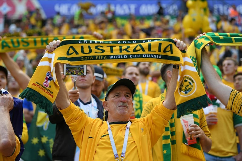 KAZAN, RUSSIA - JUNE 16:  Australia fans show their support during the 2018 FIFA World Cup Russia group C match between France and Australia at Kazan Arena on June 16, 2018 in Kazan, Russia.  (Photo by Shaun Botterill/Getty Images)