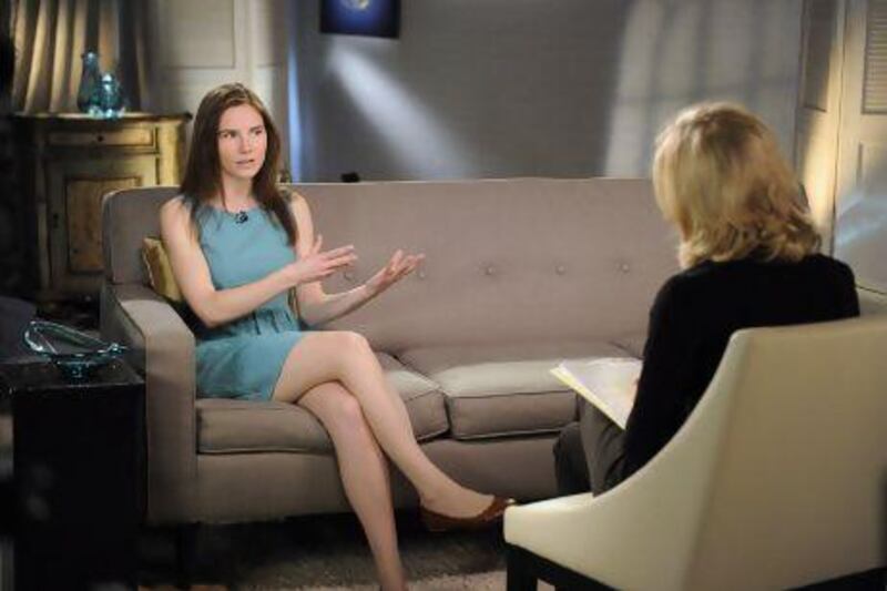 Amanda Knox (left) speaks to Diane Sawyer during an interview on the ABC television network.