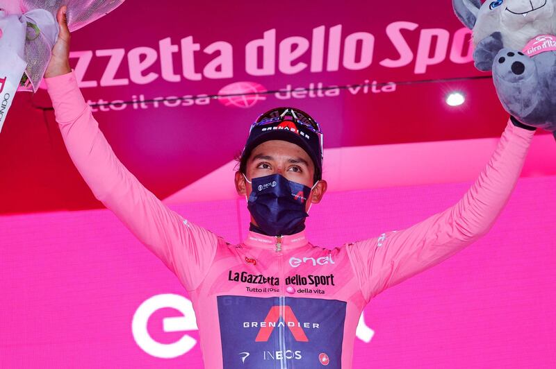 Egan Bernal after claiming the overall leader's pink jersey. AFP