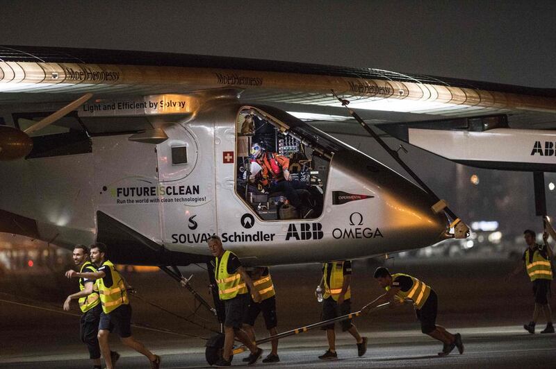 The Solar-powered Solar Impulse 2 aircraft prepares to take off from Cairo International Airport. Khaled Desouki / AFP