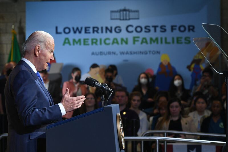 US President Joe Biden during an address to a college in Washington about the need to lower costs for families amid rising inflation. Central banks, including the US Federal Reserve, have been criticised for belatedly ramping up interest rates to rein in soaring inflation. AFP