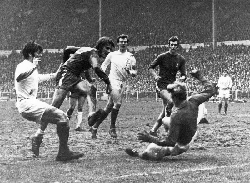 11th April 1970:  The Leeds United goalkeeper attempts a sliding save from a Chelsea shot in the FA Cup final at Wembley.  (Photo by Evening Standard/Getty Images)