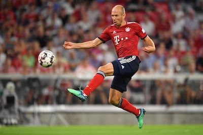MUNICH, GERMANY - AUGUST 05: Arjen Robben of Bayern Muenchen shoots at the goal during the friendly match between Bayern Muenchen and Manchester United at Allianz Arena on August 5, 2018 in Munich, Germany. (Photo by Sebastian Widmann/Bongarts/Getty Images)