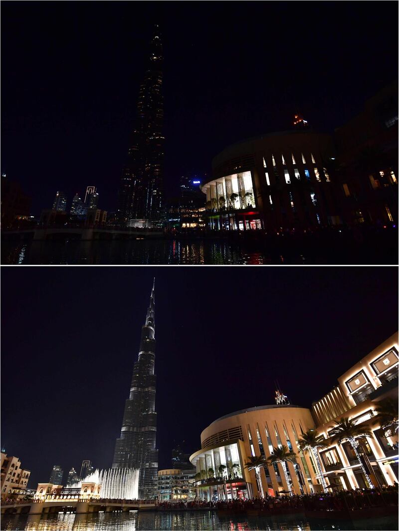 This combination of pictures created on March 24, 2018 shows the Burj Khalifa skyscraper lit up and with the lights turned off during the earth hour environmental campaign in Dubai on March 24, 2018.
Earth Hour, which started in Australia in 2007, is set to be observed by millions of supporters in 187 countries, who will turn off their lights at 8.30pm local time in what organisers describe as the world's "largest grassroots movement for climate change". / AFP PHOTO / Giuseppe CACACE