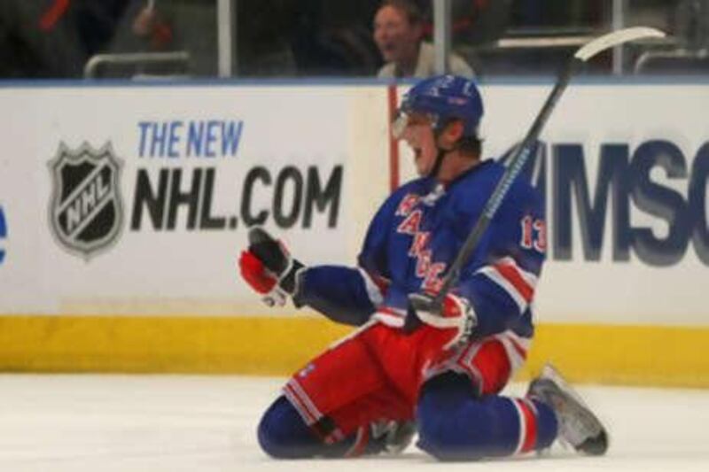 Nikolai Zherdev celebrates scoring the New York Rangers' second goal that helped them beat the Pittsburgh Penguins.