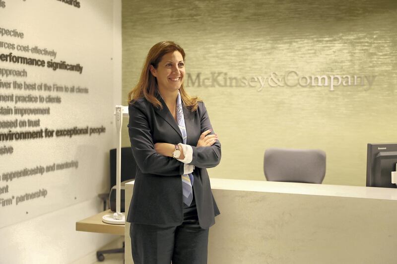 DUBAI ,  UNITED ARAB EMIRATES , JUNE 10 – 2019 :- Rima Assi, McKinsey Middle East partner at her office in DIFC in Dubai.  ( Pawan Singh / The National ) For Business. Story by Nada El Sawy 