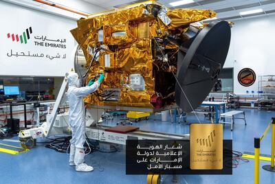 An engineer works on the Hope Probe at the Mohammed bin Rashid Space Centre. Wam