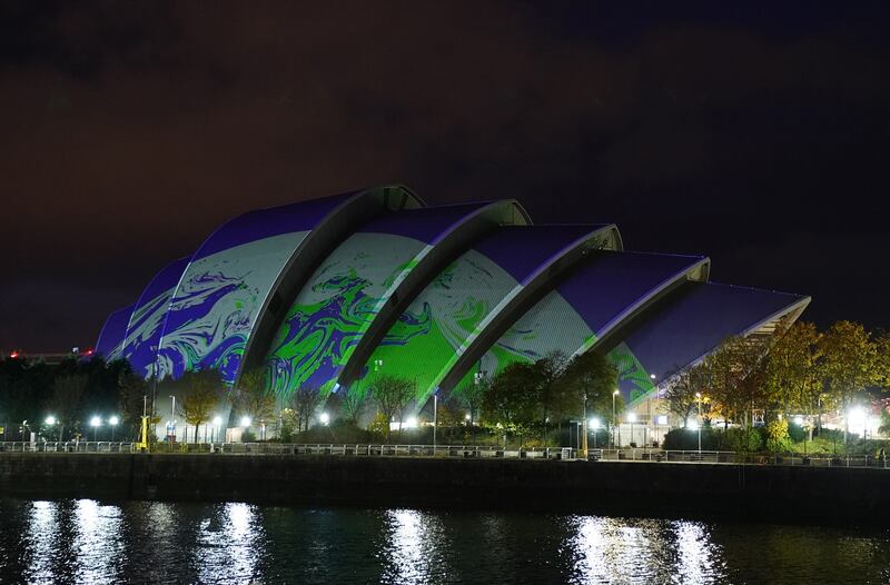 The SEC Armadillo, one of the venues for the Cop26 summit2, is illuminated on the first day of the Cop26 summit in Glasgow. PA