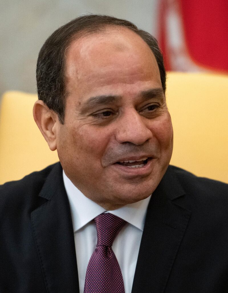 epa07494511 President Abdel Fattah Al-Sisi of Egypt  makes remarks as he meets US President Donald J. Trump (not pictured) in the Oval Office of the White House in Washington, DC, USA, on 09 April 2019.  EPA/Ron Sachs / POOL