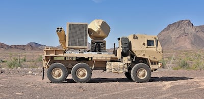 The Ku-band Radio Frequency System is a 360-degree radar that senses incoming drones, rockets, artillery and mortars. It can cue defensive weapons, and it can be set up within 30 minutes, either in a fixed location or on a vehicle. Photo: Raytheon