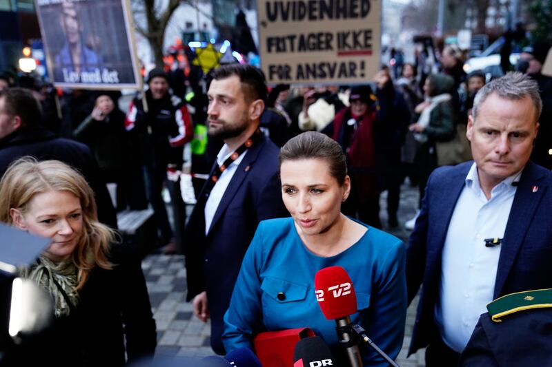 Prime Minister Mette Frederiksen outside the Court of Fredericksberg, Copenhagen, December 9, 2021, before a commission hearing over her government's decision to cull millions of mink last year. EPA