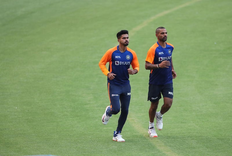 India's Shreyas Iyer, left and Shikhar Dhawan during training. AP