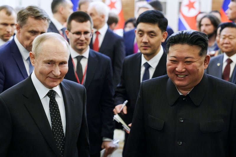 Mr Putin and Mr Kim after their talks in Pyongyang. AP / Sputnik