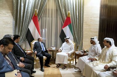 ABU DHABI, UNITED ARAB EMIRATES - June 12, 2018: HH Sheikh Mohamed bin Zayed Al Nahyan Crown Prince of Abu Dhabi Deputy Supreme Commander of the UAE Armed Forces (3rd R) meets with HE Abdrabbuh Mansour Hadi President of Yemen (4th R), at Al Shati Palace. Seen with HH Sheikh Mansour bin Zayed Al Nahyan, UAE Deputy Prime Minister and Minister of Presidential Affairs (R) and HH Sheikh Hamdan bin Zayed Al Nahyan, Ruler’s Representative in Al Dhafra Region (2nd R).

( Mohamed Al Hammadi / Crown Prince Court - Abu Dhabi )
---