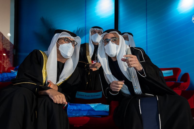 Sheikh Khaled bin Mohamed, right, and Dr Sultan Al Jaber, Minister of Industry and Advanced Technology, left, at the ceremony.