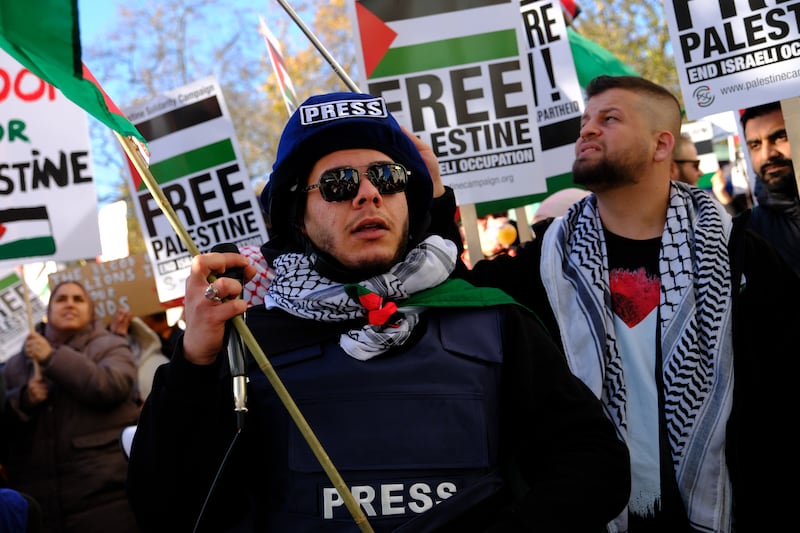 Demonstrators were also honouring the memory of reporters lost during the conflict. Photo: Jess Hurd