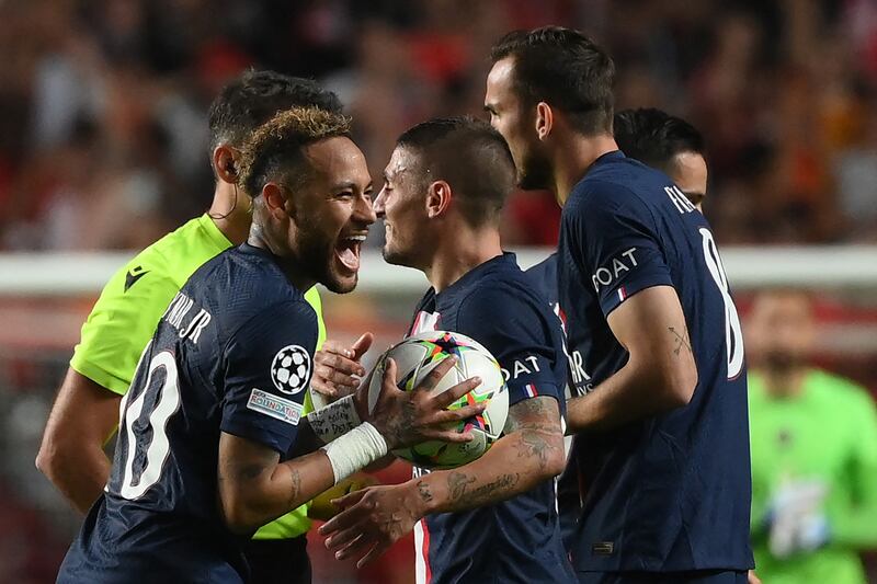 Paris Saint-Germain's Brazilian forward Neymar reacts to receiving a yellow card. AFP