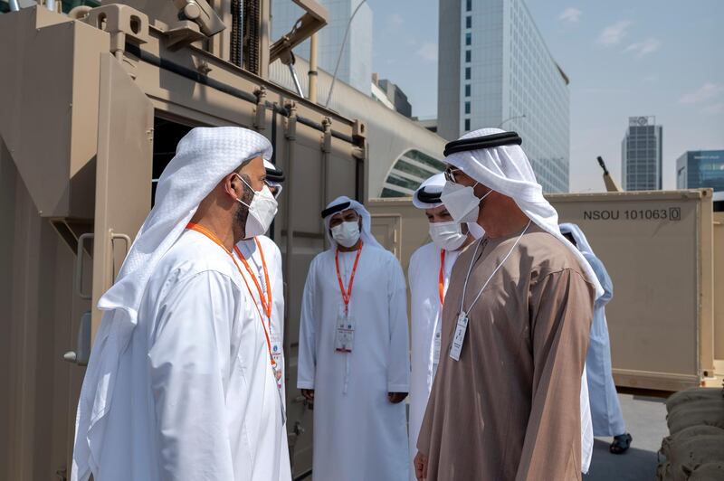 ABU DHABI, UNITED ARAB EMIRATES - February 25, 2021: HH Sheikh Mohamed bin Zayed Al Nahyan, Crown Prince of Abu Dhabi and Deputy Supreme Commander of the UAE Armed Forces (R), tours the International Defence Exhibition and Conference (IDEX), at ADNEC.

( Mohamed Al Hammadi / Ministry of Presidential Affairs )
---
