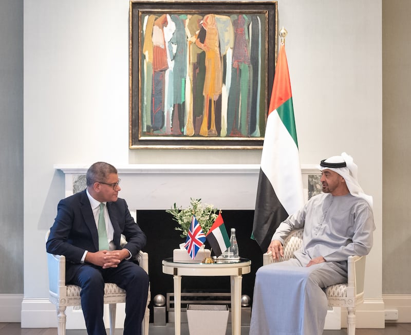 Sheikh Mohamed bin Zayed meets with Alok Sharma, COP26 President. Ministry of Presidential Affairs