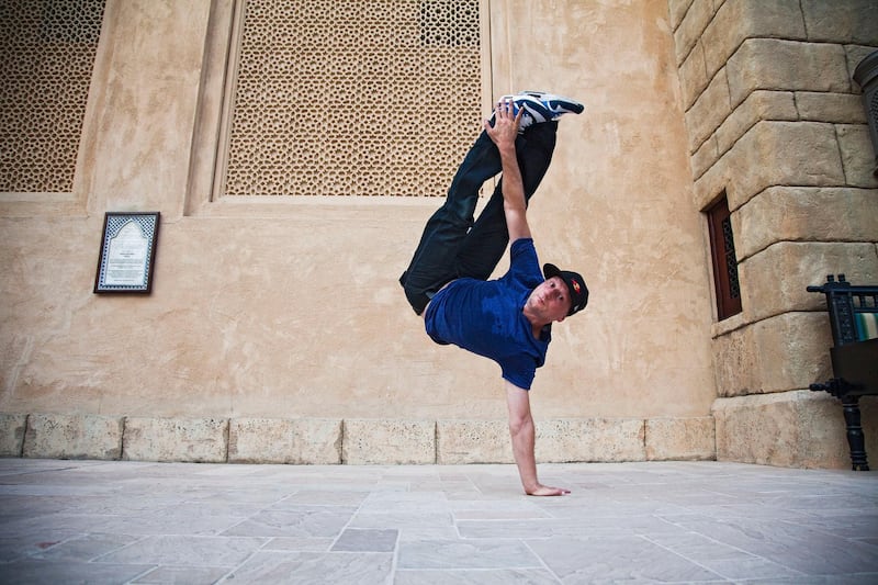 Dubai, UAE, September 27, 2012:

The Breakdancing team sponsored by Red Bull, known on this tour as the "Flying Bachs", arrived in Dubai today to perform a breakdance interpretation of Bach's classical music. 

Here chief choreographer Micheal Rosemann shows us a freeze, one of the most popular break dancing techniques.

Lastly, with his other hand he stetches out to make a line with both of his arms. while keeping his fett close together.

Lee Hoagland/The National