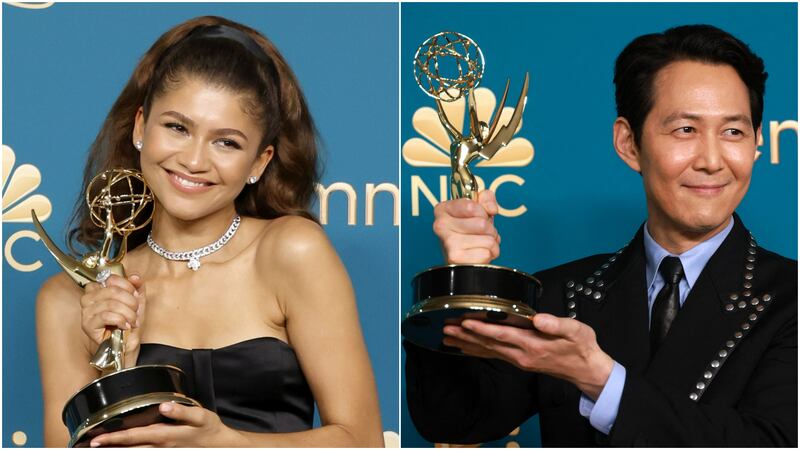 'Euphoria' star Zendaya and 'Squid Game' star Lee Jung-jae with their lead actor Emmy Awards. AFP