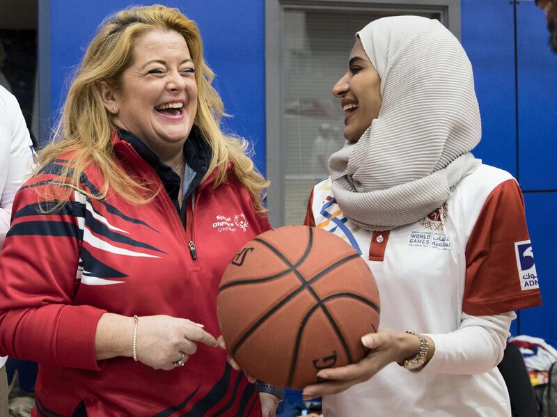 SHEFFIELD,UNITED KINGDOM. 19th January 2019. Rawdha Al Otaiba, Deputy Head of Mission at the UAE Embassy in London (right) with Special Olympics CEO Michelle Carney during a visit to the Special Olympics-GB Team  training camp in Sheffield, United Kingdom, ahead of the Special Olympics World Games 2019 in Abu Dhabi. Stephen Lock for the National 