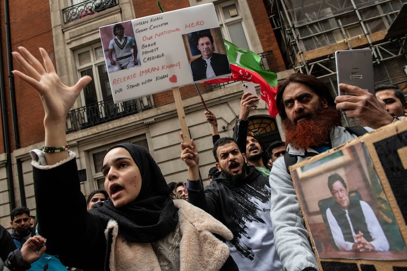 Mr Khan's supporters protest outside Avenfield House, the home of former Pakistani prime minister Nawaz Sharif, in London. Bloomberg
