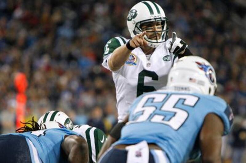New York Jets' Mark Sanchez calls a play against the Tennessee Titans.