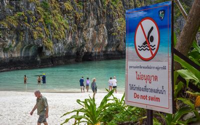 A warning sign at Maya Bay. Photo: Ronan O'Connell