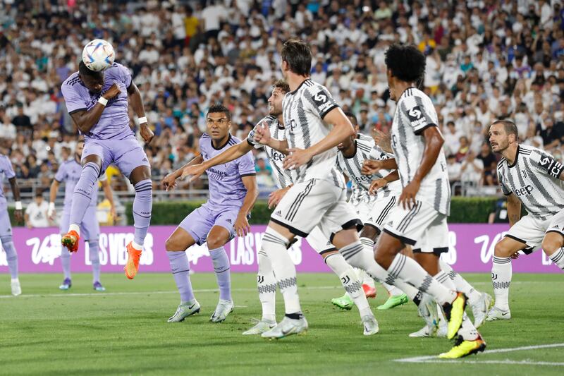 Real Madrid defender David Alaba heads the ball against Juventus. EPA