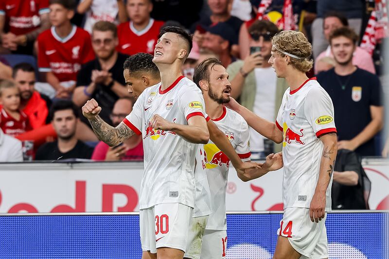 Benjamin Sesko celebrates with teammates after scoring Red Bull Salzburg's first goal during the pre-season friendly against Liverpool at Red Bull Arena on July 27, 2022 in Salzburg, Austria. Getty