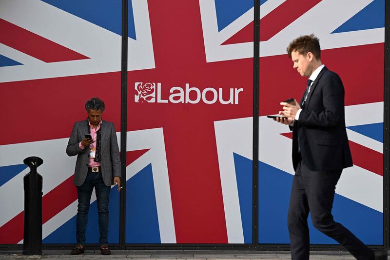 Labour Party branding is displayed on the outside of the venue. AFP