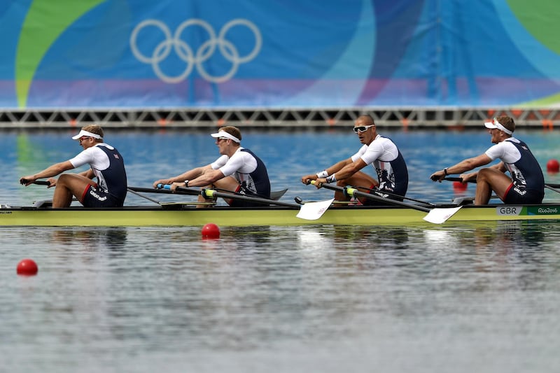 RIO DE JANEIRO, BRAZIL - AUGUST 12:  Alex Gregory, Mohamed Sbihi, George Nash and Constantine Louloudis of Great Britain compete in the Men's Four Final A on Day 7 of the Rio 2016 Olympic Games at Lagoa Stadium on August 12, 2016 in Rio de Janeiro, Brazil.  (Photo by Patrick Smith/Getty Images)